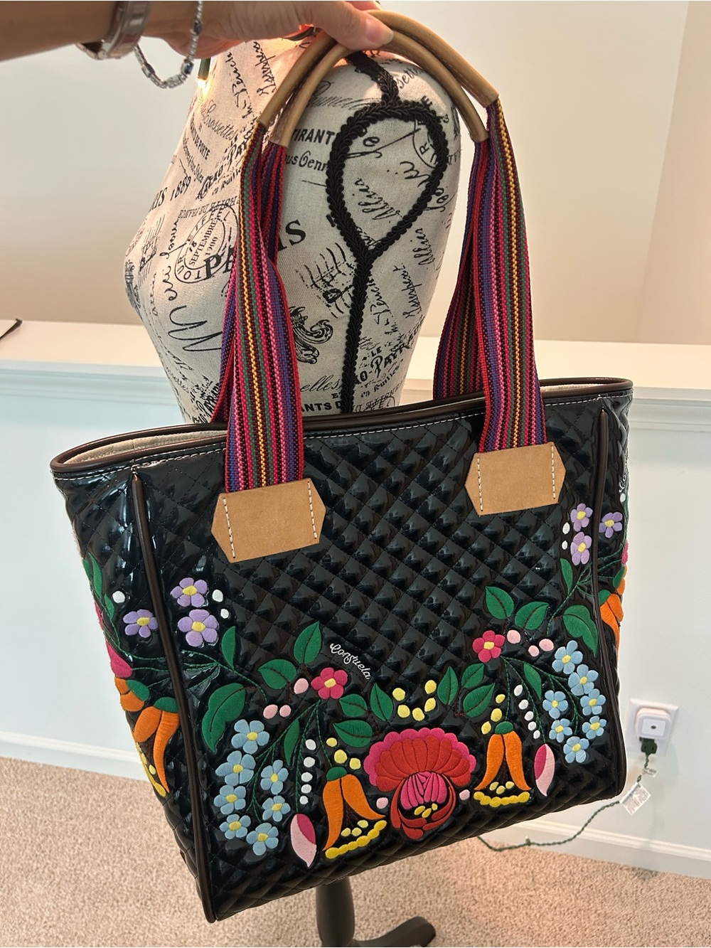 Consuela Black Quilted Tote with Multicolor Floral Embroidery